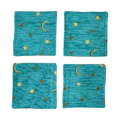 Chenille Jacquard Coaster 4-Piece Set - Arabian Nights (Moon &amp; Star) Design - Turquoise