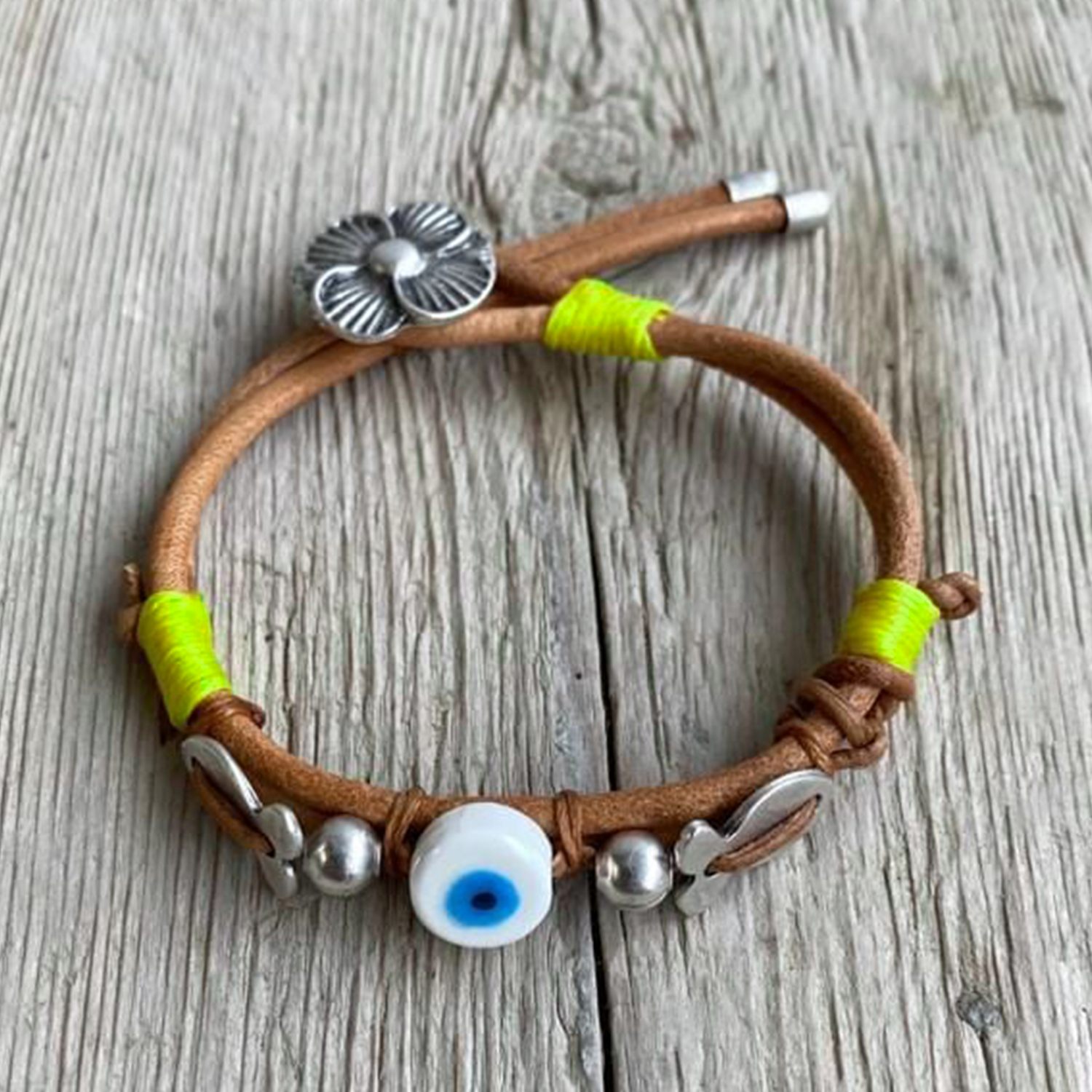 Sua Design Ceramic Evil Eye Beaded Leather Bracelet | Nazar Boncuklu Deri Bileklik