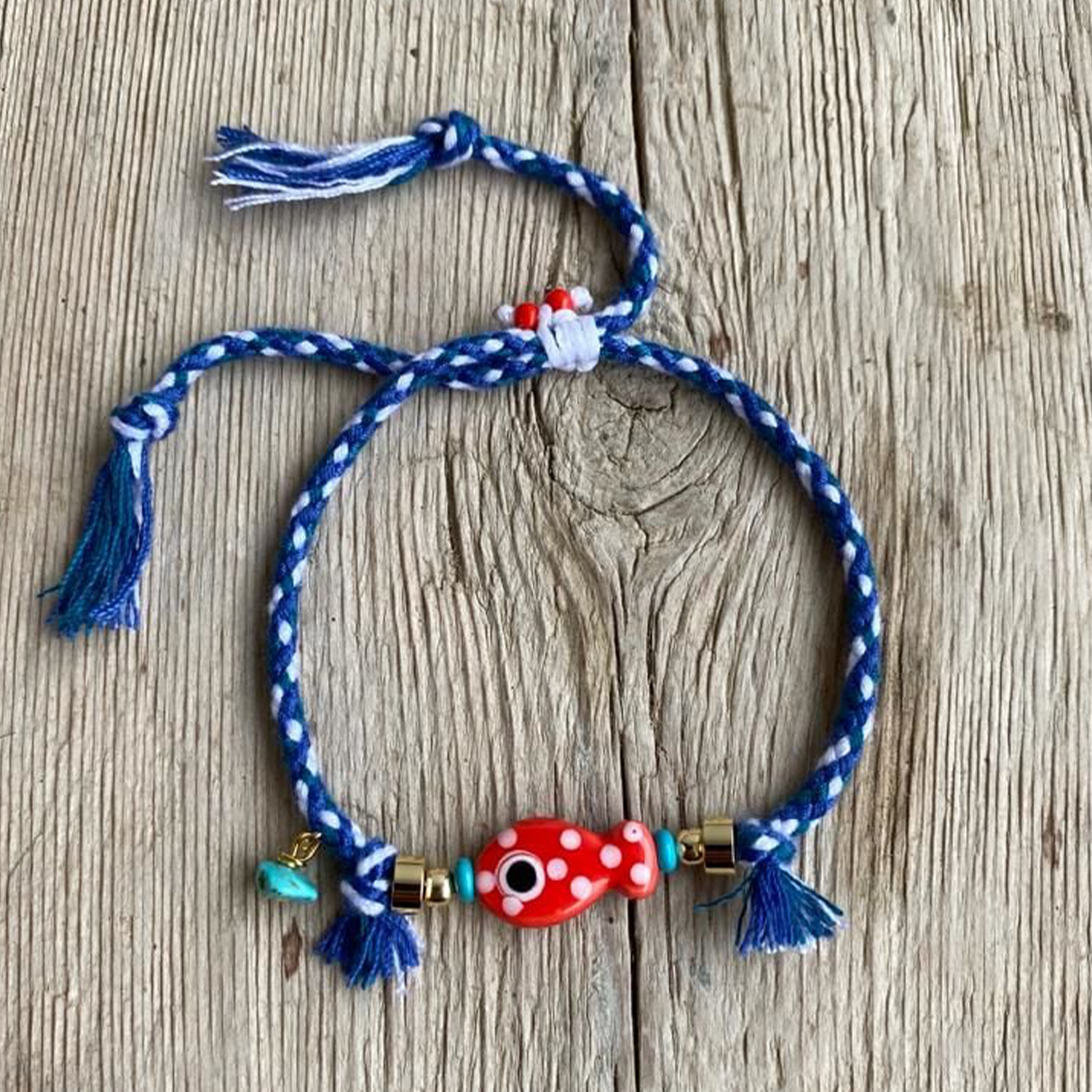 Sua Design Blue String Bracelet with Red Ceramic Fish | Kirmizi Balikli Lacivert ipli Bileklik 